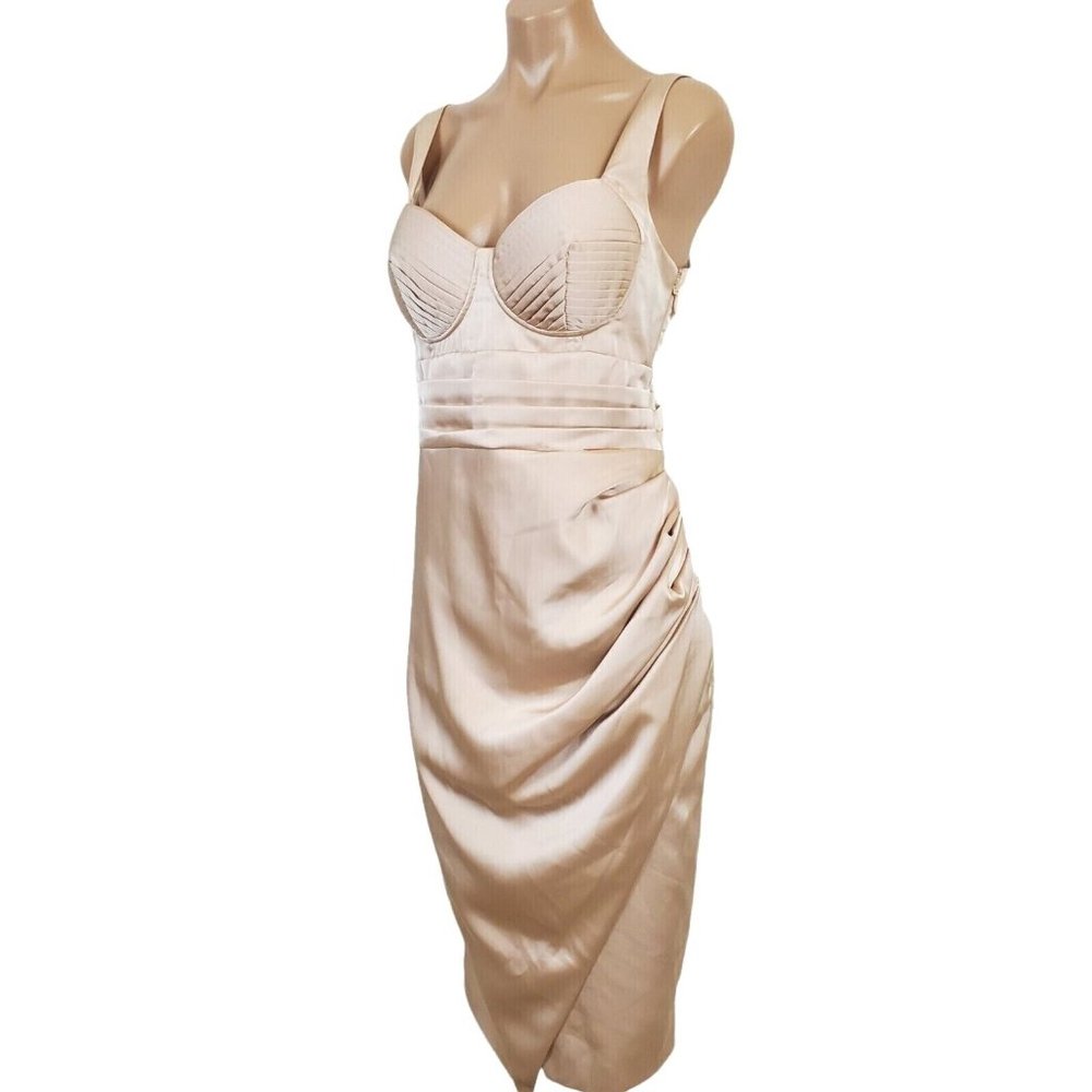 Lavish Alice Pleated Corset Cocktail Dress 12 US Clay Beige Satin Draped Ruched - Picture 1 of 12